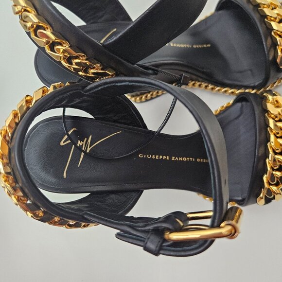 Giuseppe Zanotti Black Leather Chain Link Detail Wedge Sandals Sz 4 US / 34 EUR - Picture 6 of 9